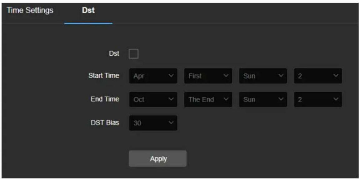 Time Settings Dst Dst Start Time Apr First Sun 2 End Time Oct The End Sun 2 DST Bias 30 Apply