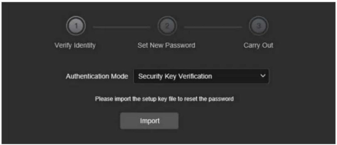 1 Verify Identity 2 Set New Password 3 Carry Out Authentication Mode Security Key Verification Please import the setup key file to reset the password Import