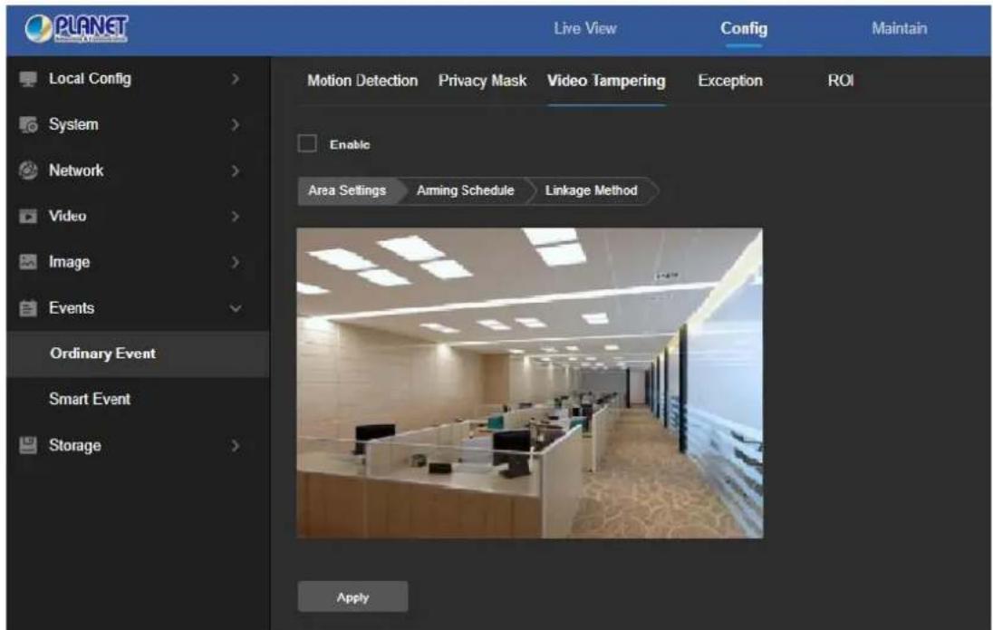 PLANET Live View Config Maintain Local Config > Motion Detection Privacy Mask Video Tampering Exception ROI Enable Area Settings Aiming Schedule Linkage Method Apply
