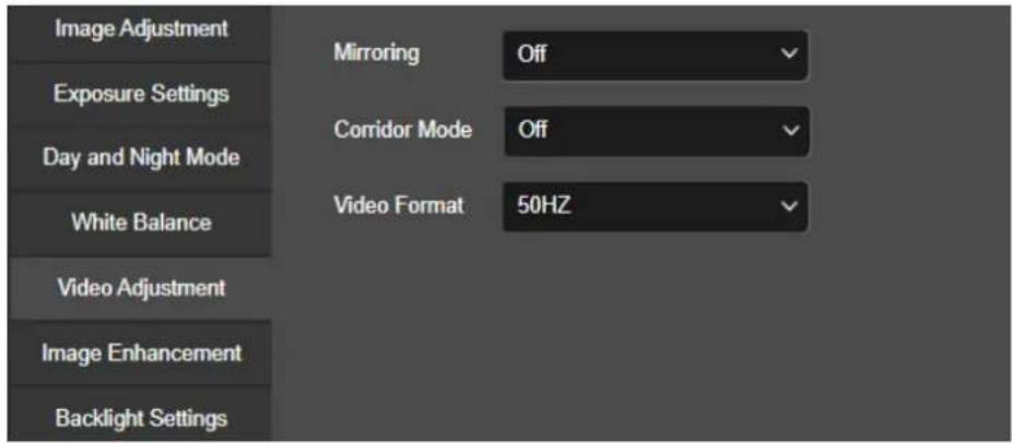 Image Adjustment Exposure Settings Day and Night Mode White Balance Video Adjustment Image Enhancement Backlight Settings Mirroring Off Corridor Mode Off Video Format 50HZ