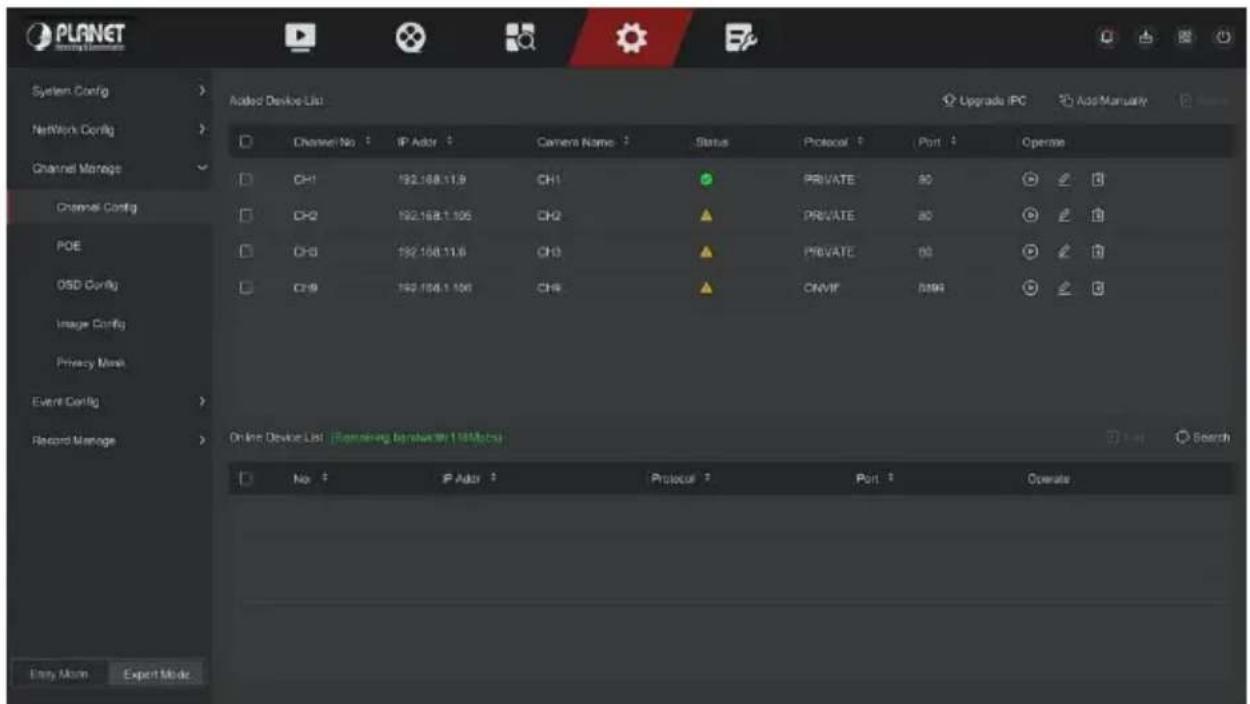 PLNET System Config Network Config Channel Manage Channel Config POE OSD Config Image Config Privacy Mesh Event Config Record Manage Added Device List Channel No : IP Ador : Camera Name : Status : Protocol : Port : Operme CH1 192.168.11.6 CH1 CH2 192.168.1.105 CH2 CH3 192.168.11.6 CH3 CH4 192.168.1.100 CH4 PRIVATE 80 PRIVATE 80 PRIVATE 80 ONVIF 8000 Online Device List Remaining bandwidth 10 Micros No : IP Ador : Protocol : Port : Operme Entry Import Expert Mode