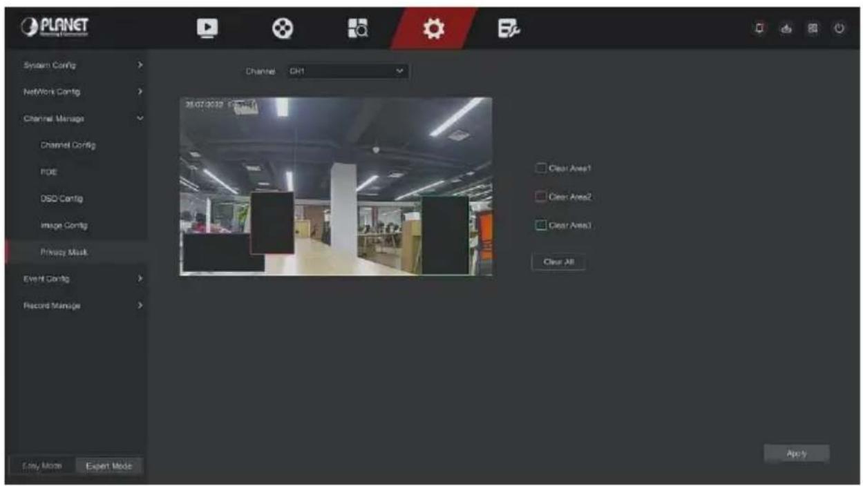 PLANET System Config Network Config Channel Manage Channel Config FDE DSD Config Image Config Privacy Mask Event Config Record Manage Channel GH1 35.07.2029 16:30:41 Clear Area1 Clear Area2 Clear Area1 Clear All Apply Easy More Expert Mode
