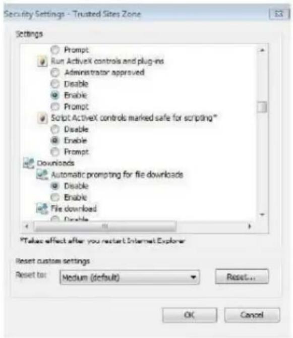 Security Settings - Trusted Sites Zone Settings Prompt Run ActiveX controls and plug-ins Administrator approved Disable Enable Prompt Script ActiveX controls marked safe for scripting* Disable Enable Prompt Downloads Automatic prompting for file downloads Disable Enable File download Disable *Take effect after you next Internet Explorer Reset custom settings Reset to: Medium (default) Reset... OK Cancel