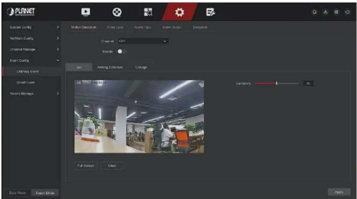 PLANET System Config NetWork Config Channel Manage Event Config Ordinary Event Smart Event Record Manage Motion Detection Video Lens Main Input Main Output Exception Channel Ctrl Enable Set Anning Schedule Linkage 28.170Hz 29.52 Hz Sensitivity 10 Full Screen Clear Easy Mode Explicit Mode Apply