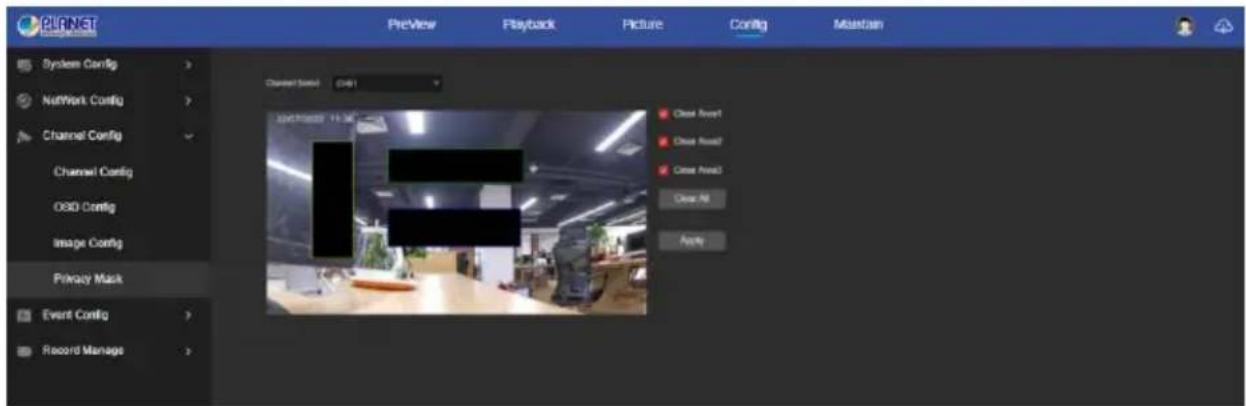 PLANET System Config NetWork Config Channel Config Channel Config OBO Config Image Config Privacy Mask Event Config Record Manage Preview Playback Picture Config Maintain Channel (Edit) (049) Open Interface 16.36 Clear Event1 Clear Event2 Clear Event3 Clear All Apply