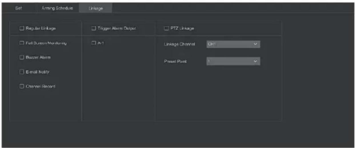 Set Arming Schedule Linkage Regular Linkage Trigger Alarm Output PTZ Linkage Full Screen Monitoring A-1 Linkage Channel CH1 Buzzer Alarm E-mail Notify Preset Point 1 Channel Record