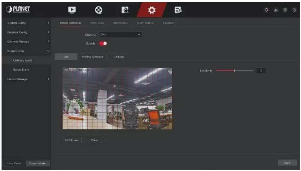 PLANET System Config Network Config Channel Manage Event Config Ordinary Event Smart Event Record Manage Motion Detection Video Loss Alarm Input Alarm Output Exception Channel Ctrl Enable Set Anning Schedule Linkage 29/10/20 10:53:00 Sensitivity 10 Full Screen Clear Easy Mode Export Mode Auto