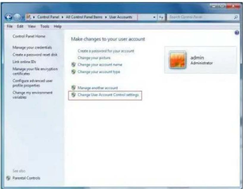 File Edit View Tools Help Control Panel Home Manage your credentials Create a password reset disk Link online IDs Manage your file encryption certificates Configure advanced user profile properties Change my environment variables See also Parental Controls Make changes to your user account Create a password for your account Change your picture Change your account name Change your account type Manage another account Change User Account Control settings admin Administrator