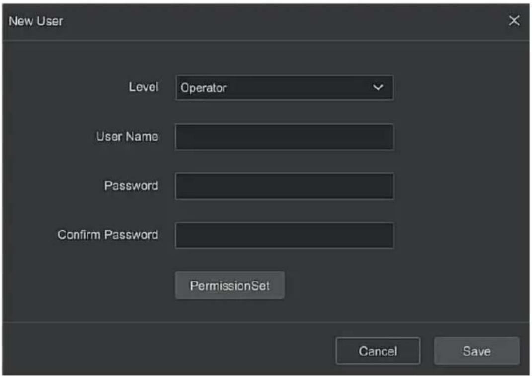 New User Level Operator User Name Password Confirm Password PermissionSet Cancel Save
