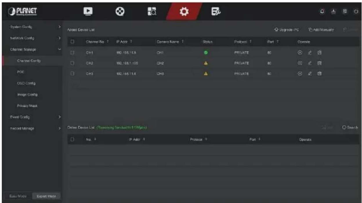 PLANET System Config Network Config Channel Manage Channel Config POE OSQ Config Image Config Privacy Mask Event Config Recent Manage Easy Mode Export Mode Adapt Device List Upgrade IPS Add Manually Channel No IP Addr Camera Name Status Protocol Port Operate CH1 192.168.11.5 CH1 PRIVATE 80 CH2 192.168.11.5 CH2 PRIVATE 80 CH3 192.168.11.5 CH3 PRIVATE 80 Online Device List (Planning session width 119Mbps) No. IP Addr Protocol Port Operate