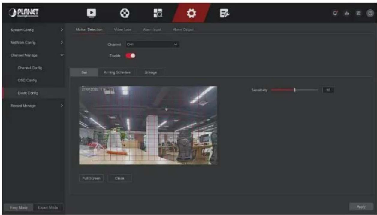 PLANET System Config Network Config Channel Manage Channel Config OSO Config Event Config Record Manage Motion Detection Video Tools Alarm-Input Alarm Output Channel CH1 Enable Set Amerg Schedule Linkage 27/07/2022 1:00:00:00 Sensitivity 10 Full Screen Clean Easy Mode Expert Mode Apply