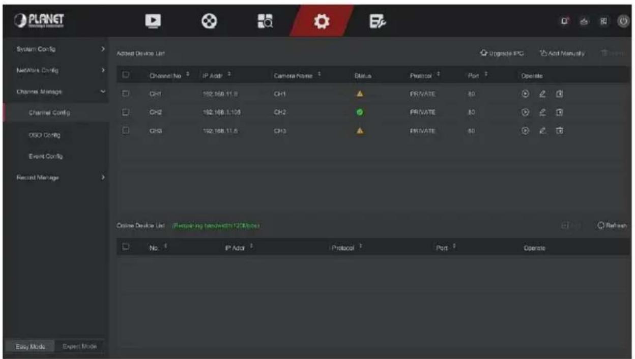 PLANET System Config Network Config Channel Manage Channel Config OSO Config Event Config Recent Manage Easy Mode Export Mode Added Device List Urgaste IPC Add Manually Channel No IP Addr Camera Name Status Protector Port Operate CH1 192.168.11.8 CH1 PRIVATE 80 CH2 192.168.1.105 CH2 PRIVATE 80 CH3 192.168.11.6 CH3 PRIVATE 80 Online Device List (Performing bandwidths 123bps) No IP Addr Protocol Port Operate Refresh