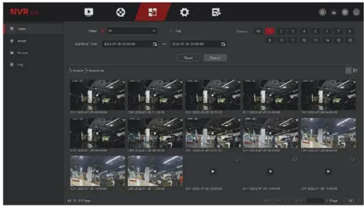 NVR 6.0 Video Smart Photo Uig Video All Top Denset All 1 2 3 4 5 6 7 8 Start/End Time 2022-07-25 00:00:00 2022-07-25 23:56:59 Reset Search Export Import All CHI 2022-07-25 00:00:00 CHI 2022-07-25 01:00:00 CHI 2022-07-25 02:00:00 CHI 2022-07-25 03:00:00 CHI 2022-07-25 04:00:00 CHI 2022-07-25 05:00:00 CHI 2022-07-25 06:00:00 CHI 2022-07-25 07:00:00 CHI 2022-07-25 08:00:00 CHI 2022-07-25 09:00:00 CHI 2022-07-25 10:39:60 CHI 2022-07-25 11:36:66 CHI 2022-07-25 12:33:90 CHI 2022-07-25 13:39:98 CHI 2022-07-25 14:36:96 All 15, V/1/Page Page GO