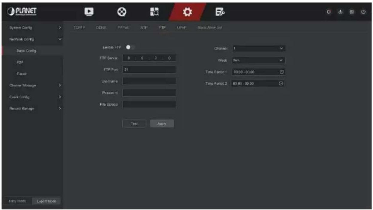 PLANET System Config Network Config Base Config F2P Email Channel Manage Event Config Record Manage Enable FTP FTP Server 0 0 0 0 FTP Port 31 Username Password File Uppose Test Apply Channel 1 Week Run Time Period 1 00:00 - 00:00 Time Period 2 00:00 - 00:00 Entry Mode Export Mode