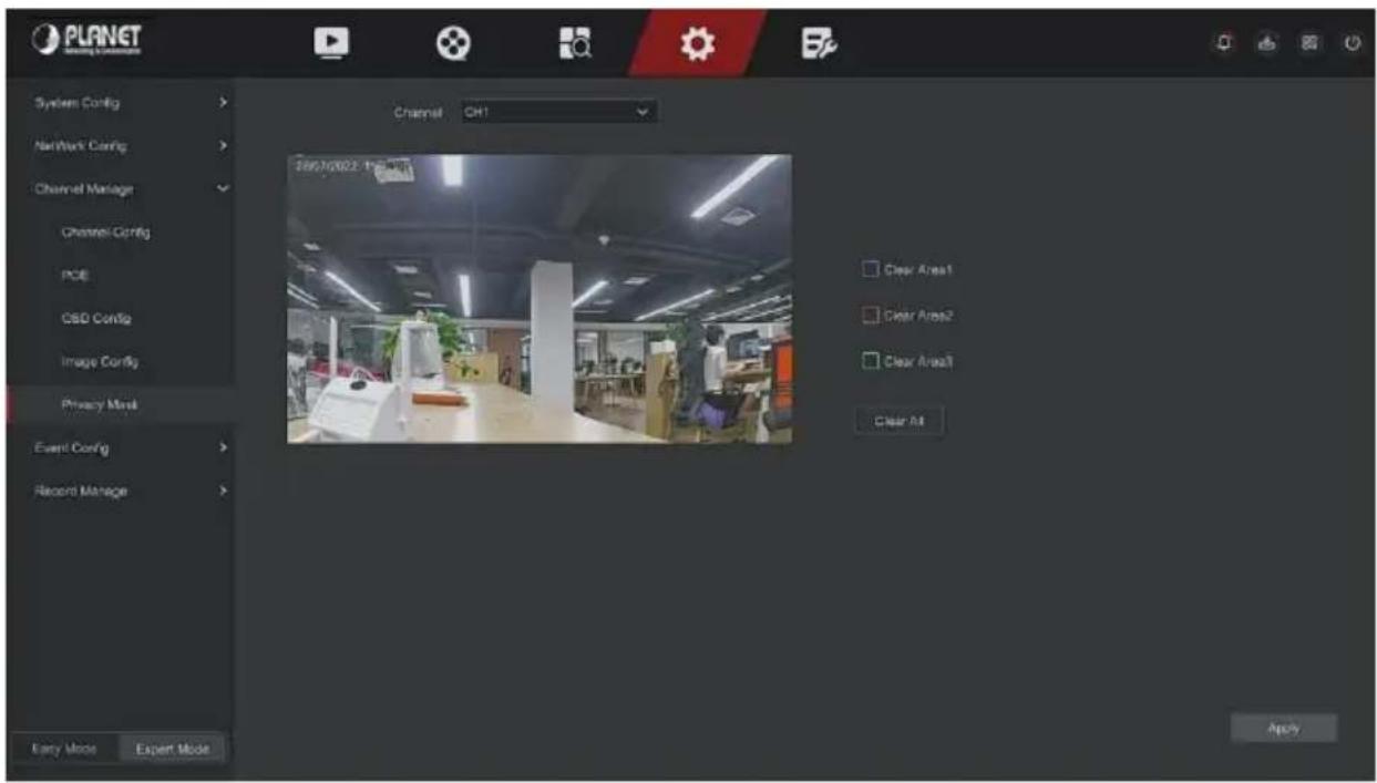 PLANET System Config Network Config Channel Manager Channel Config PCB CSD Config Image Config Privacy Mesh Event Config Record Manage Channel: OH1 2007/00/2022 19:00 PM Clear Area1 Clear Area2 Clear Area3 Clear Alt Apply