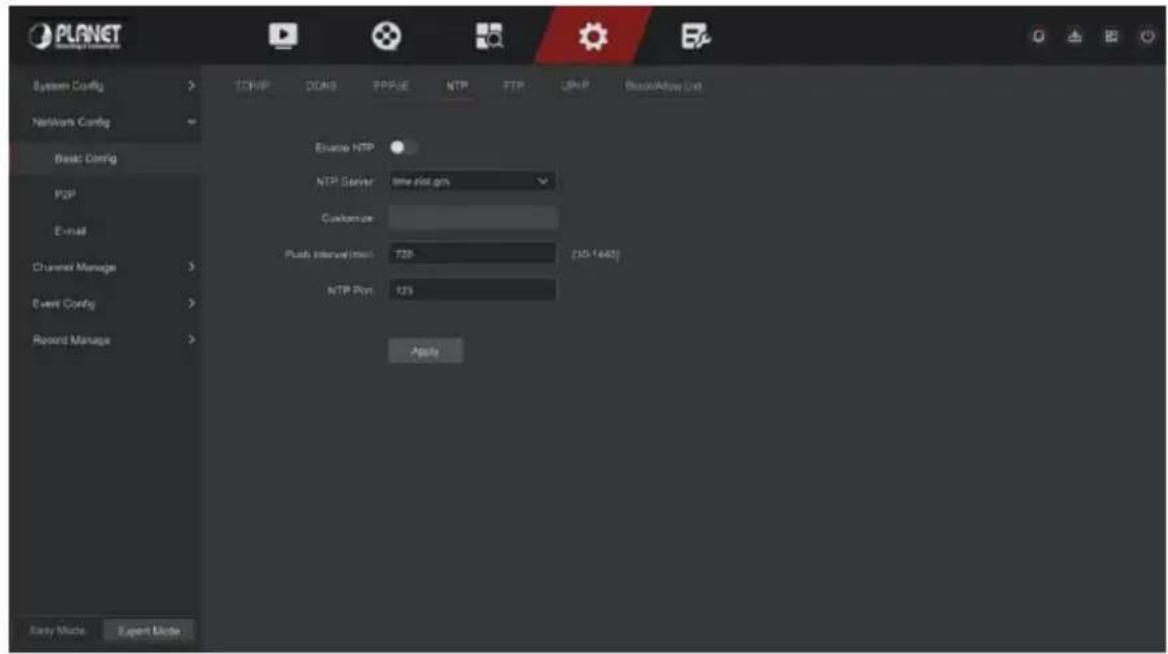 PLANET Network Config System Config Network Config Basic Config POP E-mail Channel Manage Event Config Record Manage TCP/IP DDAS PPP/UE NTP FTP USBIP Block/Allow List Exclude NTP NTP Server time slot Gain Customize Push Interval (time) 725 (10-1440) NTP Port 123 Apply Easy Mode Expert Mode