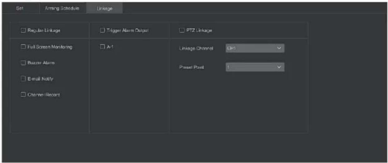 Set Arming Schedule Linkage Regular Linkage Trigger Alarm Output PTZ Linkage Full Screen Monitoring A-1 Linkage Channel CH1 Buzzer Alarm E-mail Notify Channel Record Preset Point 1