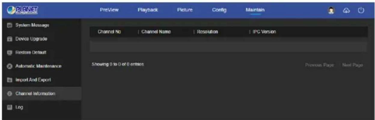 PLANET PreView Playback Picture Config Maintain System Message Device Upgrade Restore Default Automatic Maintenance Import And Export Channel Information Log Channel No Channel Name Resolution IPC Version Showing 0 to 0 of 0 entries Previous Page Next Page