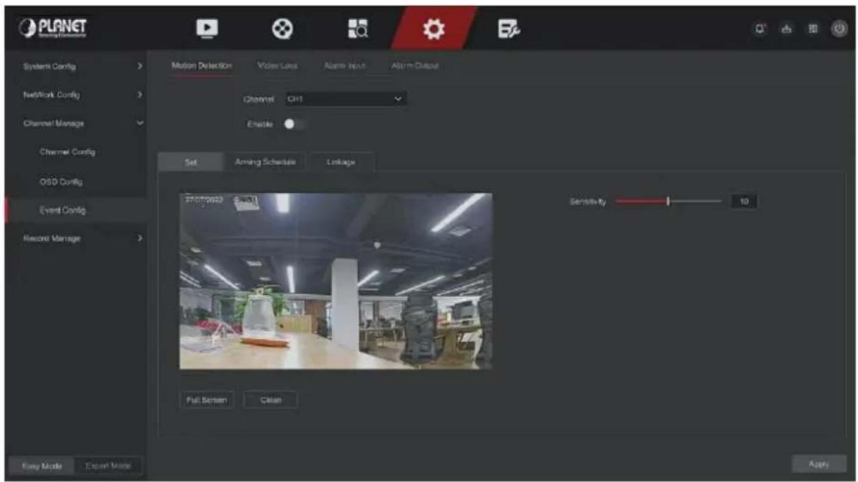 PLANET System Config Network Config Channel Manage Channel Config OSD Config Event Config Record Manage Motion Detection Video Loss Alarm Input Alarm Output Channel CH1 Enable Set Analog Schedule Linkage 37/07/2022 Sensitivity 10 Full Screen Clean Easy Mode Export Mode Apps