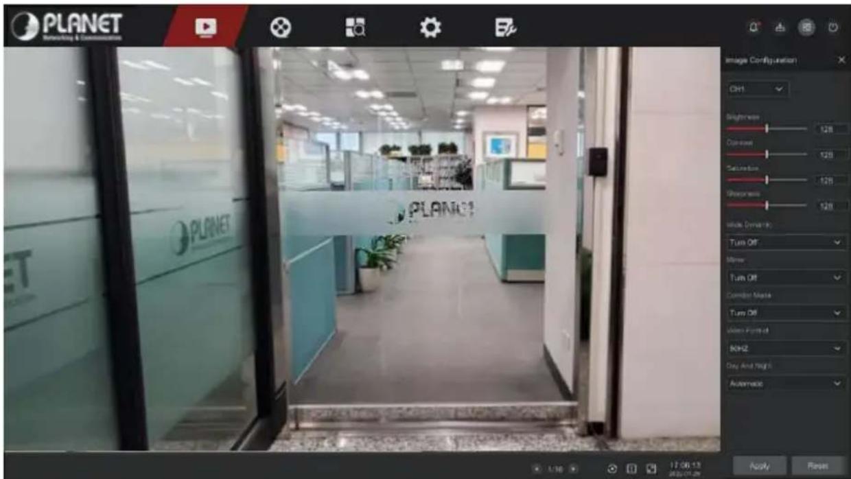 PLANET Networking & Communication PLANET PLANET Image Configuration CH1 Brightness 128 Cyanate 128 Saturation 128 Glossiness 128 Value Dynamics Turn Off Mirror Turn Off Comfort Marks Turn Off Video Impact SOHU2 Day And Night Automatic Apply Reset