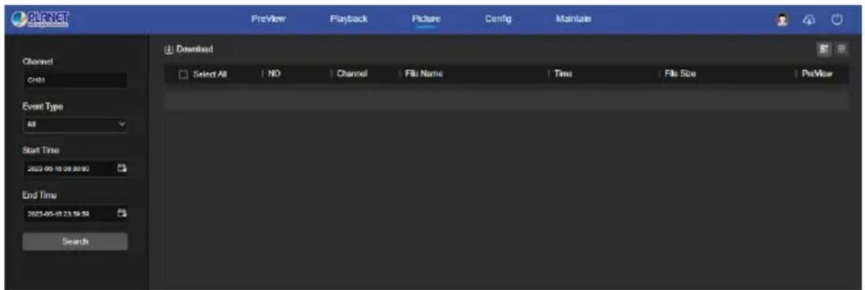PLANET Playback PreView Playback Picture Config Maintain Channel CHS Event Type All Start Time 2022-05-18 09:00:00 End Time 2022-05-18 21:34:32 Search Download Select All NO Channel File Name Time File Size PreView