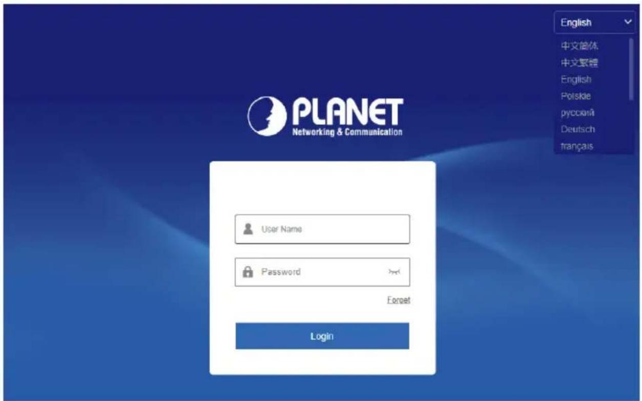 PLANET Networking & Communication User Name Password Forget Login English 中文简体 中文繁體 English Polskie русский Deutsch français