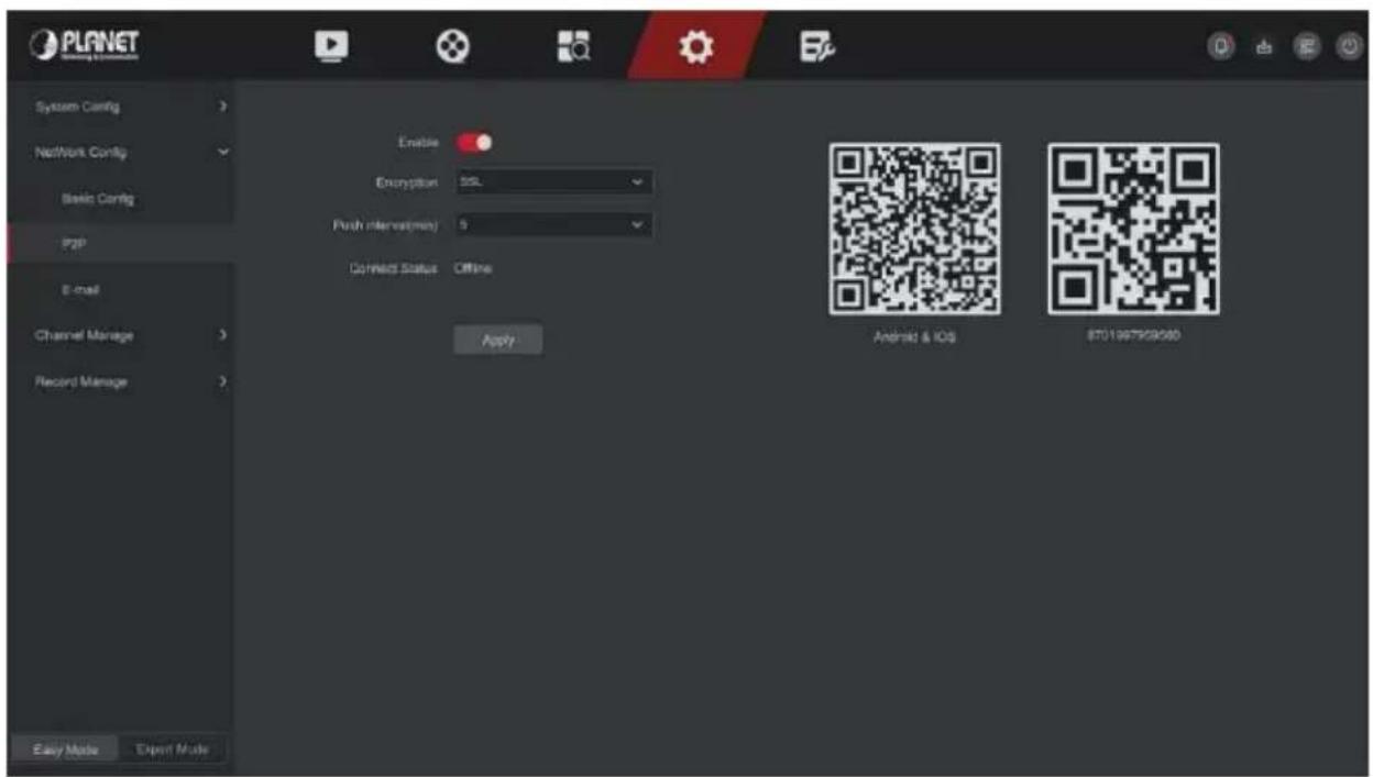 PLANET System Config Network Config Basic Config org E-mail Channel Manage Record Manage Easy Mode Export Mode Enable Encryption SSL Push interval(veh) 5 Connect Status Offline Apply Android & iOS ETO1987929060