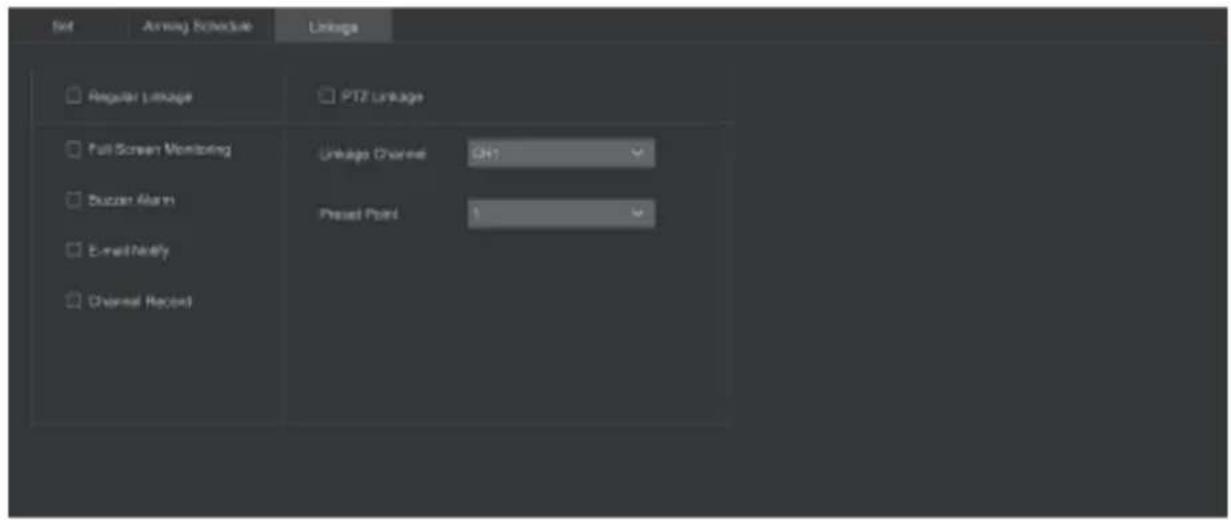 Set Arriving Schedule Linkage Regular Linkage PTZ Linkage Full Screen Monitoring Linkage Channel: ON/ Buzzer Alarm Preset Point: 1 E-mail/Modify Channel Record