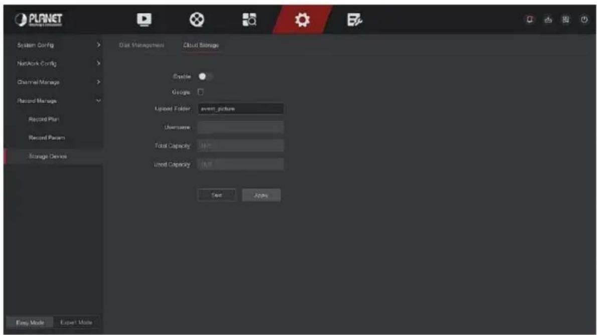 PLNET System Config Network Config Channel Manage Record Manage Record Plan Record Param Storage Devices Disk Management Cloud Storage Enable Google Uploaded Folder: event_picture Username Total Capacity: 100% Used Capacity: 100% Text Apply Easy Mode Expert Mode
