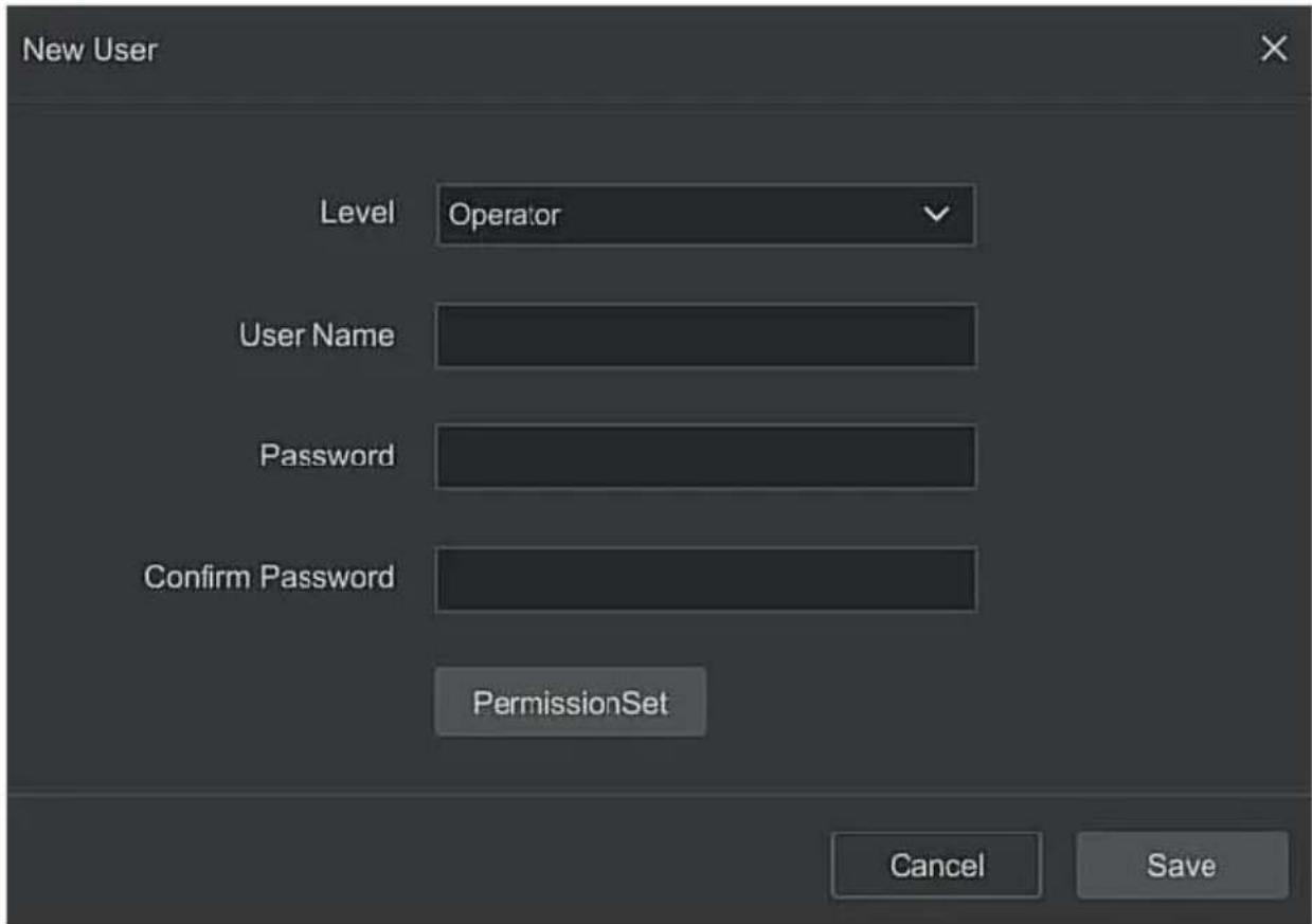 New User Level Operator User Name Password Confirm Password PermissionSet Cancel Save
