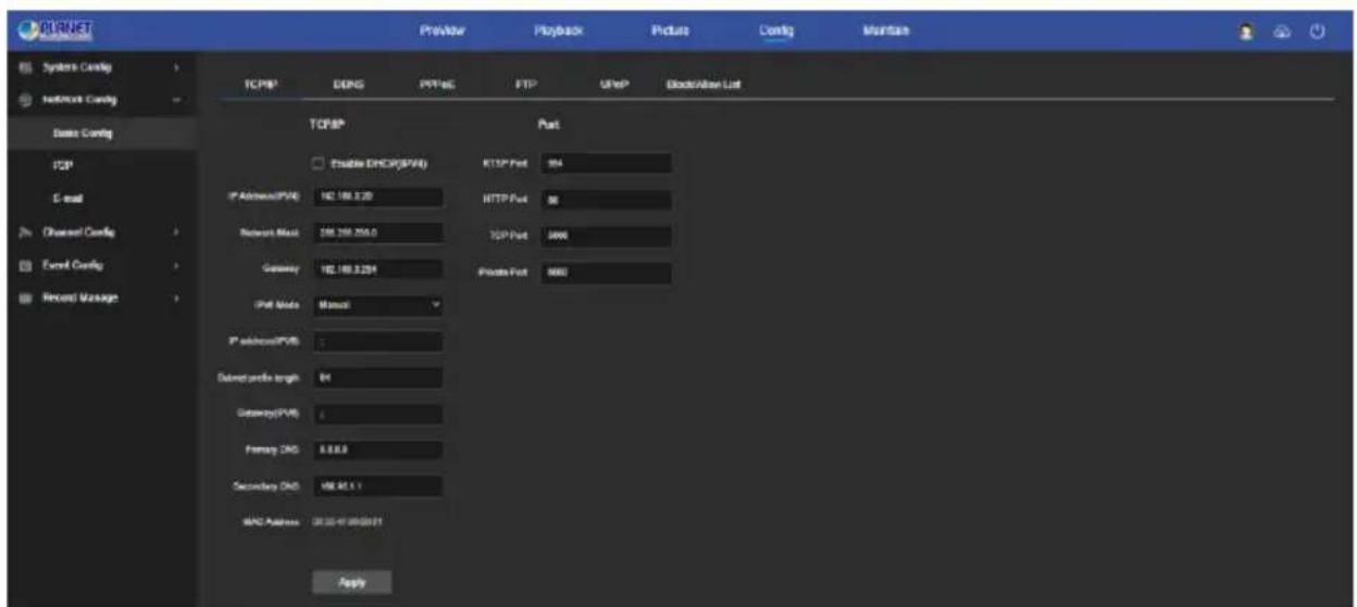 OLRNET System Config Network Config Data Config TCP/IP Enable DHCP(0/1) IP Address(0/1) Network Mask Gateway Port Mode IP address(0/1) Outflow profile length Gateway(0/1) Fencing DNS Secondary DNS MAC Address Apply Provider Playback Picture Config Maintenance TCP/IP DENG PPT-NC FTP USEP Block/Allian List Port RTSP Port 994 HTTP Port 86 TCP Port 5996 Private Port 5880 Apply