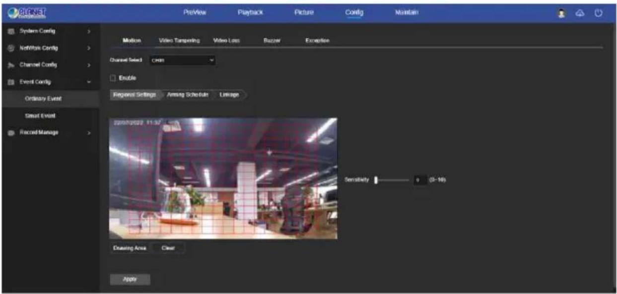 PLANET Event Manager System Config Network Config Channel Config Event Config Ordinary Event Smart Event Record Manage Preview Settings Amount Schedule Linkage Sensitivity 0 (0-10) Drawing Area Clear Apply