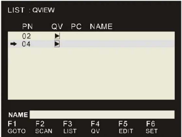 LIST : QVIEW PN QV PC NAME 02 ▶ → 04 ▶ NAME F1 F2 F3 F4 F5 F6 GOTO SCAN LIST QV EDIT SET