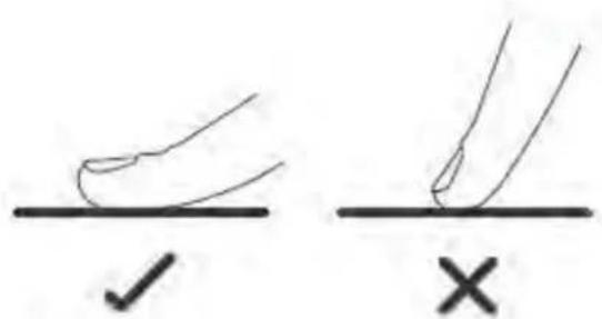 Diagram showing two hand positions with checkmark and cross symbols, likely illustrating correct and incorrect hand movement.