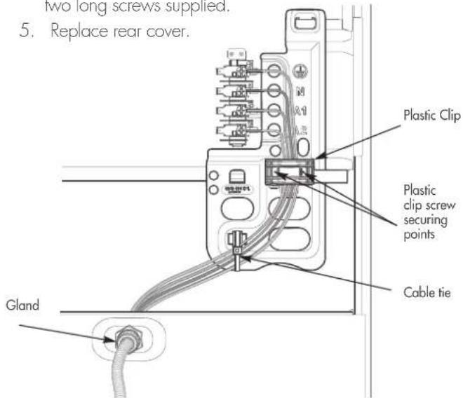 two long screws supplied. 5. Replace rear cover. Plastic Clip Plastic clip screw securing points Cable tie Gland