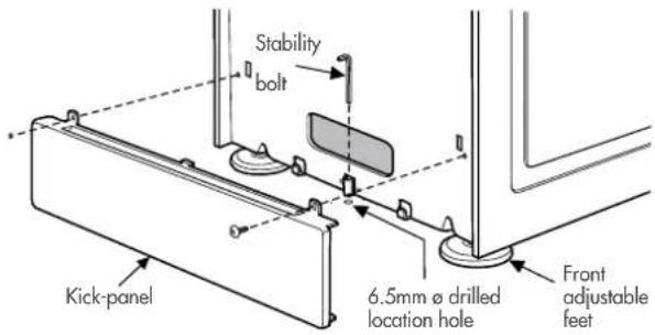 Stability bolt Kick-panel 6.5mm ø drilled location hole Front adjustable feet