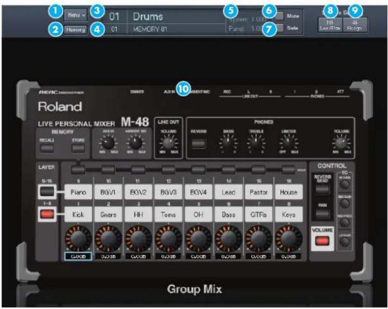 1 Menu 3 01 Drums Memory 1.00 Memory 4 01 MEMORY 01 5 Music 6 Panc 7 Line/Pass 8 Resign 9 REAC Roland LIVE PERSONAL MIXER M-48 LINE OUT PHONES ATT MEMORY VOLUME REVERB BASS TRESILE LIMETER VOLUME RECALL ZONE MAX SALS MIN MAX OFF N/A LAYER S-16 9 10 11 12 13 14 15 16 CONTROL Flano BGV1 BGV2 BGV3 BGV4 Lead Pastor House 1-8 1 2 3 4 5 6 7 8 Kick Snaro HH Tome OH Base GTFs Keys VOLUME Group Mix