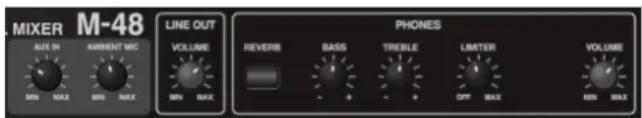 MIXER M-48 AIR IN AMOUNT MIC LINE OUT VOLUME PHONES VOLUME MIN MAX MIN MAX VOLUME REVERB BASS TREE LIMTER VOLUME OFF MAX MIN MAX