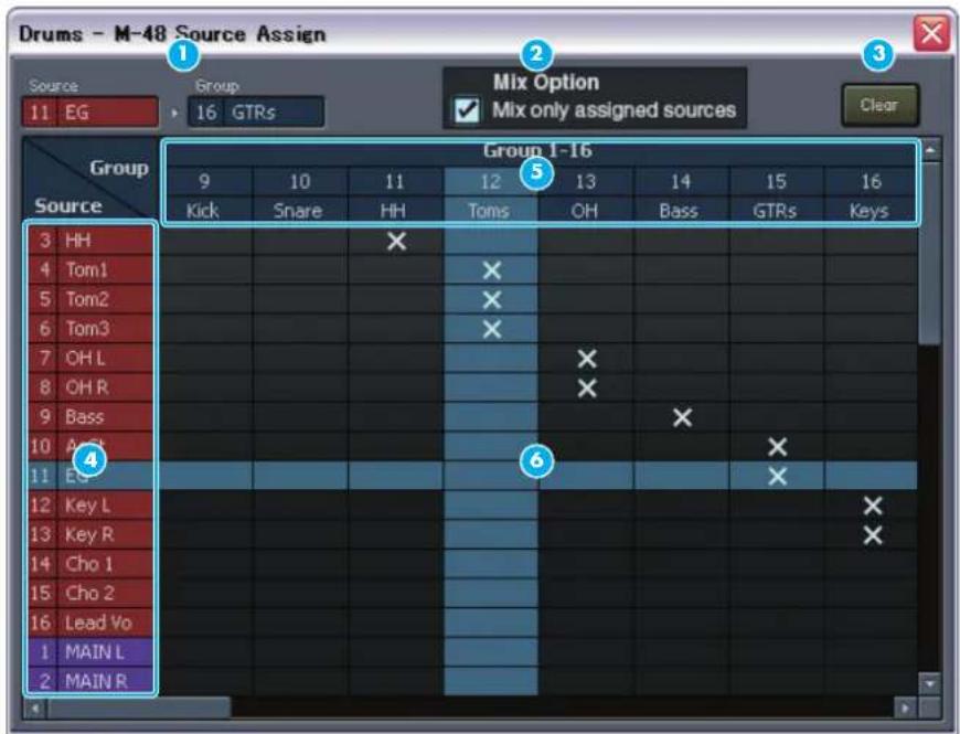 Drums - M-48 Source Assign Source 11 EG Group 16 GTRs Mix Option ✓ Mix only assigned sources Clear Group 9 10 11 12 13 14 15 16 Kick Snare HH Toms OH Bass GTRs Keys 3 HH 4 Tom1 5 Tom2 6 Tom3 7 OH L 8 OH R 9 Bass 10 A 11 EG 12 Key L 13 Key R 14 Cho 1 15 Cho 2 16 Lead Vo 1 MAIN L 2 MAIN R Group 1-16 5 6