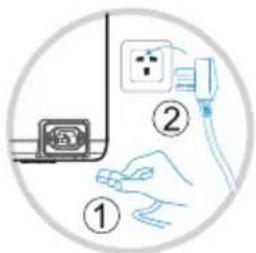 Diagram showing a hand holding a cable labeled with steps ① and ②, next to a laptop and plug-in socket.