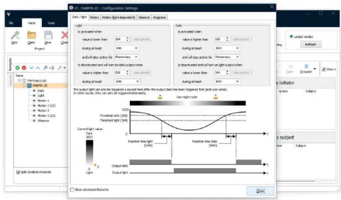VIMPR-20 - Configuration Settings Dark / Light | Noise | Noise (light-dependent) | Absence | Programs Light Is activated when value is lower than 300 during at least: 1min and will stay active for Temporary Is decimated and will turn on dark output when value is higher than 500 during at least: 1min Dark Is activated when value is higher than 100 during at least: 1min and will stay active for Temporary Is decimated and will turn on light output when value is lower than 300 during at least: 1min The output light can only be triggered a second time after the output dark has been triggered first (and twice next). In other words, they can vary to be triggered alternately. Day night cycle Threshold dark (100) Threshold light (100) Current light value: Dark (100) 0 Light 0 Output dark Output light 1 1 Reaction time light [mm] Reaction time dark [mm] Show advanced features Close Latest version Refresh s initiator Action Subject s subject Size Subject