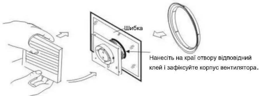 Шибка Нанесіть на краї отвору відповідний клей і зафіксуйте корпус вентилятора.