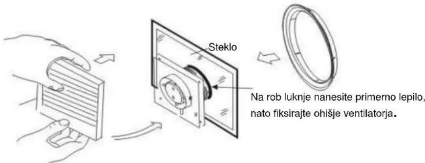 Steklo Na rob luknje nanesite primero lepilo, nato fiksirajte ohišje ventilatorja.