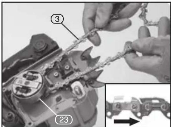 Technical diagram showing mechanical assembly steps with numbered components and a close-up view of the final component.