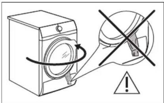 Diagram showing a washing machine with a circular component and warning symbol, indicating mechanical or electrical hazard.