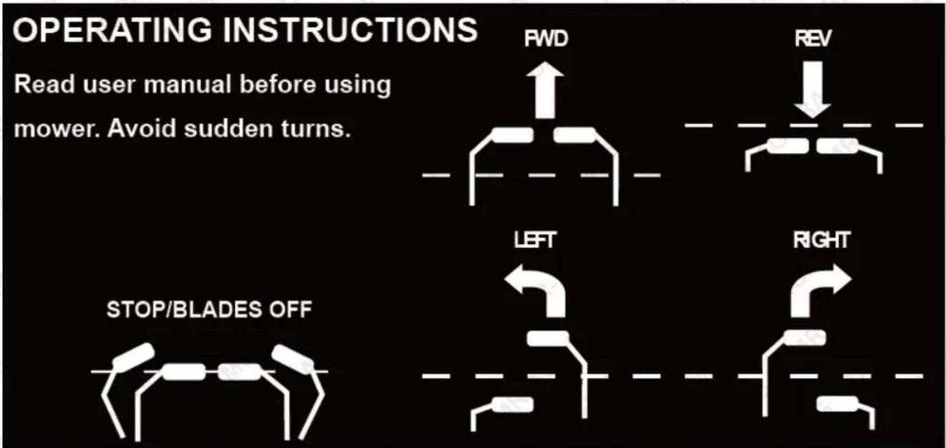 OPERATING INSTRUCTIONS Read user manual before using mower. Avoid sudden turns. PWD REV LEFT RIGHT STOP/BLADES OFF