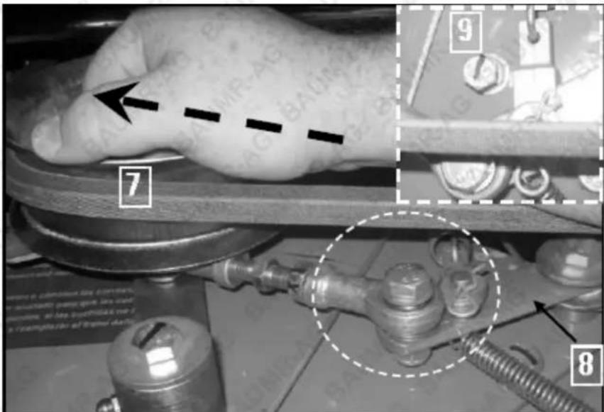 Technical diagram showing a hand holding a tire with labeled parts and mechanical components, including numbered annotations.