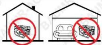 Diagram showing two scenarios of a car inside a house, with one scenario marked by a red prohibition symbol.