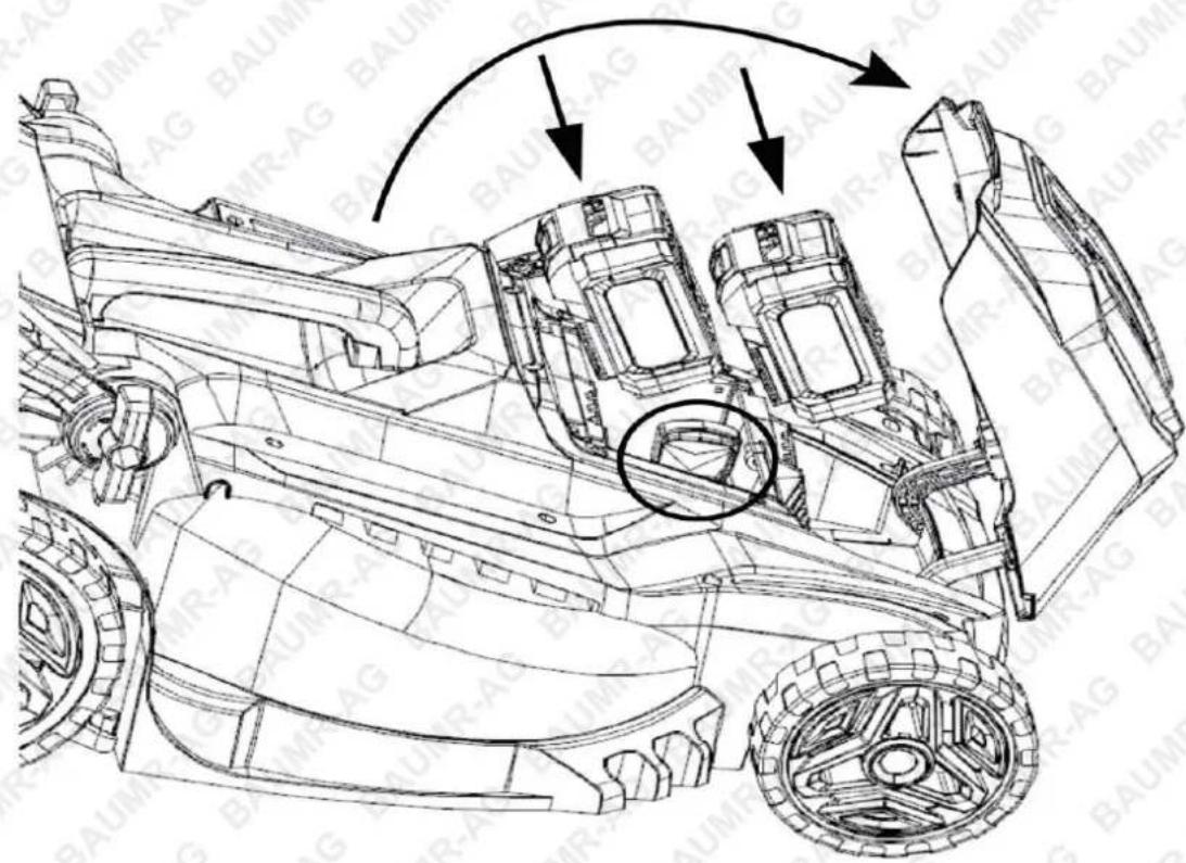 Technical diagram of a lawn mower with labeled components and directional arrows indicating motion or assembly.