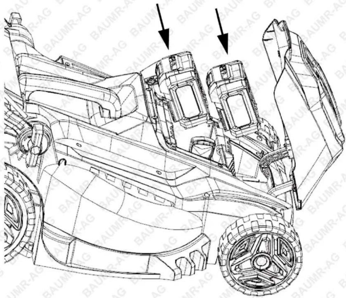 Technical line drawing of a lawn mower with labeled components and directional arrows indicating assembly or installation.